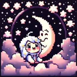 Pixel art profile picture featuring an adorable, smiling moon against a cosmic background filled with stars and galaxies, framed by a black border