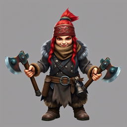 A standing female dwarf with vibrant red hair tied back under a rugged leather bandana, showcasing her fierce warrior spirit