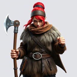A standing female dwarf with vibrant red hair tied back under a rugged leather bandana, showcasing her fierce warrior spirit