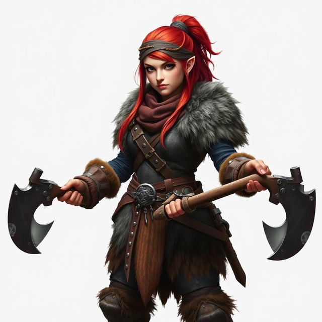 A standing female dwarf with vibrant red hair tied back under a rugged leather bandana, showcasing her fierce warrior spirit