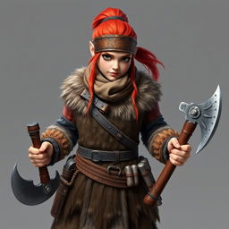 A standing female dwarf with vibrant red hair tied back under a rugged leather bandana, showcasing her fierce warrior spirit