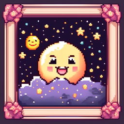 Pixel art profile picture featuring an adorable, smiling moon against a cosmic background filled with stars and galaxies, framed by a black border