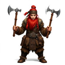 A full-body portrait of a standing female dwarf with bright red hair tied back under a rugged leather bandana