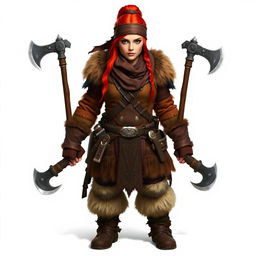 A full-body portrait of a standing female dwarf with bright red hair tied back under a rugged leather bandana
