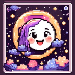 Pixel art profile picture featuring an adorable, smiling moon against a cosmic background filled with stars and galaxies, framed by a black border