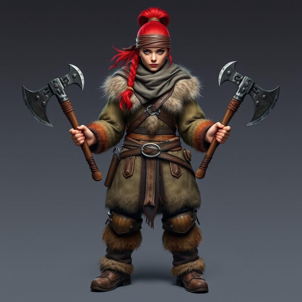 A full-body portrait of a standing female dwarf with bright red hair tied back under a rugged leather bandana