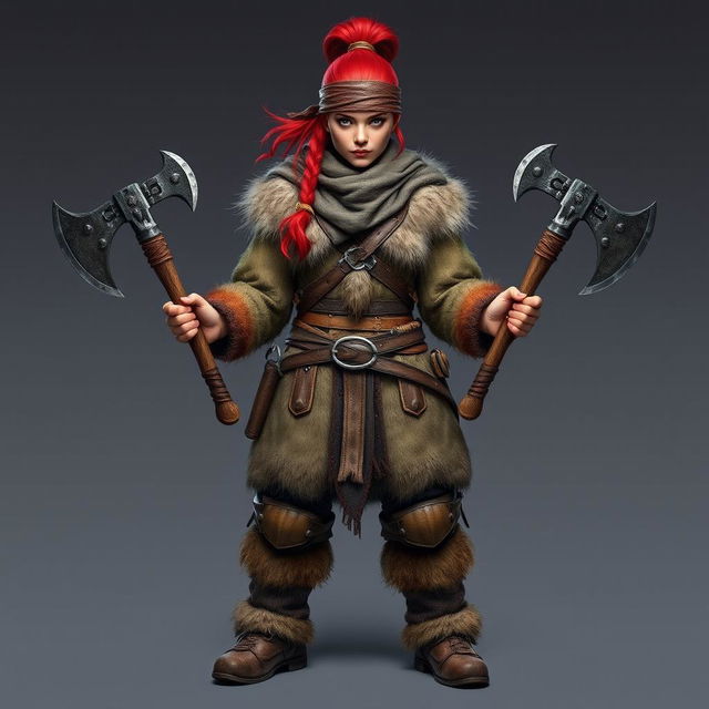 A full-body portrait of a standing female dwarf with bright red hair tied back under a rugged leather bandana