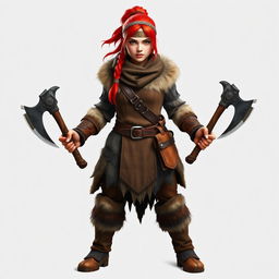 A full-body portrait of a standing female dwarf with bright red hair tied back under a rugged leather bandana