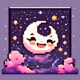 Pixel art profile picture featuring an adorable, smiling moon against a cosmic background filled with stars and galaxies, framed by a black border