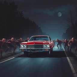 A captivating cover design in an 80s vintage style, featuring a red classic Buick cruising down a dark, deserted road at night
