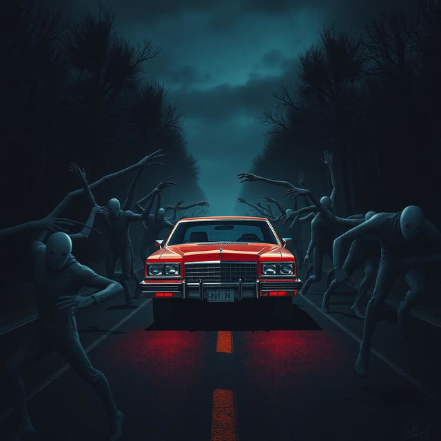 A captivating cover design in an 80s vintage style, featuring a red classic Buick cruising down a dark, deserted road at night