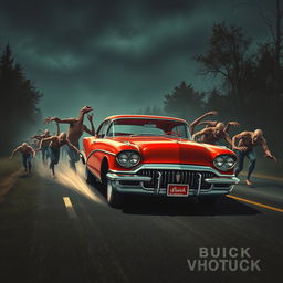 A captivating cover design in an 80s vintage style, featuring a red classic Buick cruising down a dark, deserted road at night