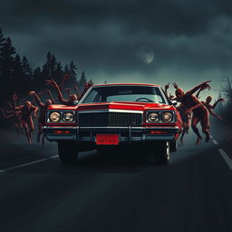 A captivating cover design in an 80s vintage style, featuring a red classic Buick cruising down a dark, deserted road at night