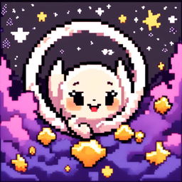 Pixel art profile picture featuring an adorable, smiling moon against a cosmic background filled with stars and galaxies, framed by a black border