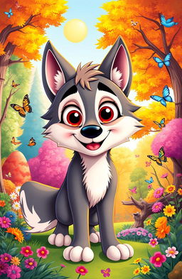 A cartoon wolf character with a friendly demeanor, showcasing bright colors and exaggerated features
