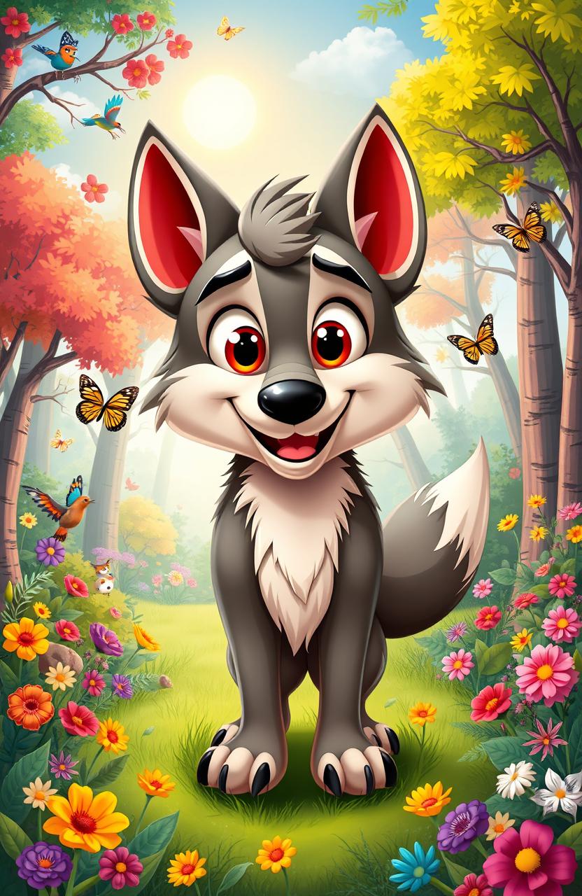 A cartoon wolf character with a friendly demeanor, showcasing bright colors and exaggerated features