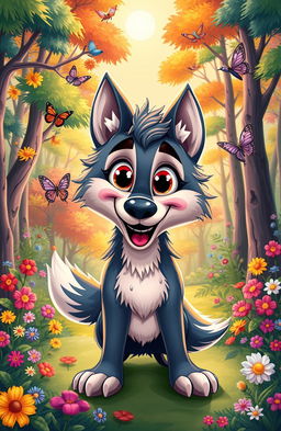 A cartoon wolf character with a friendly demeanor, showcasing bright colors and exaggerated features