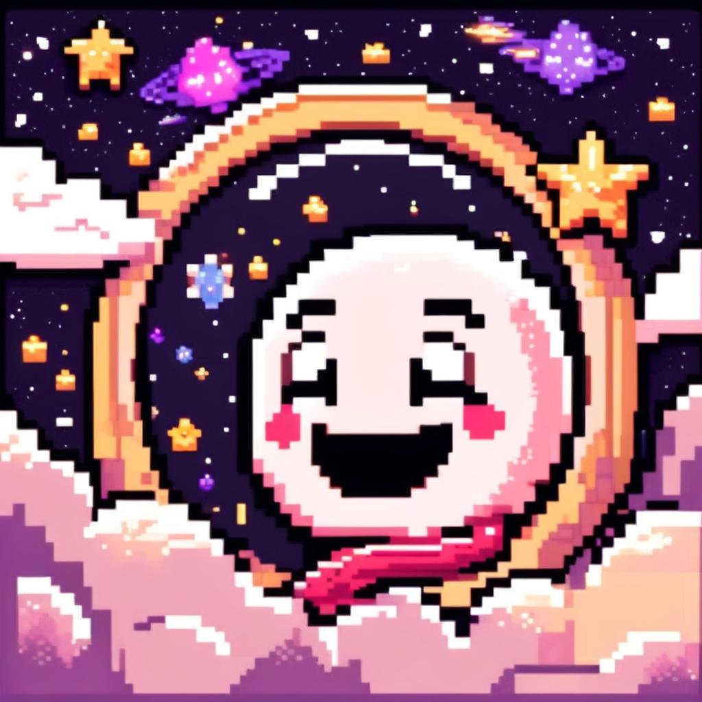 Pixel art profile picture featuring an adorable, smiling moon against a cosmic background filled with stars and galaxies, framed by a black border