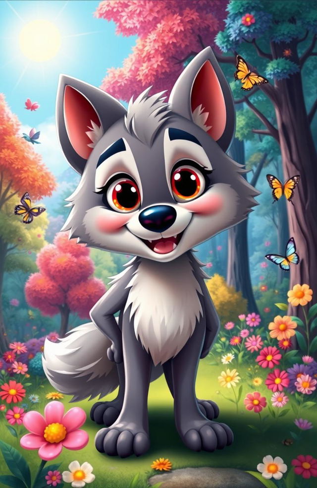 A cartoon wolf character with a friendly demeanor, showcasing bright colors and exaggerated features