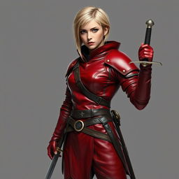 A full-body portrait of a standing medieval female human rogue with short blond hair and striking brown eyes