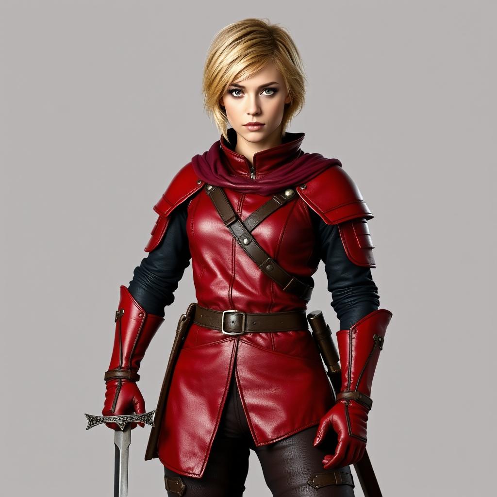 A full-body portrait of a standing medieval female human rogue with short blond hair and striking brown eyes