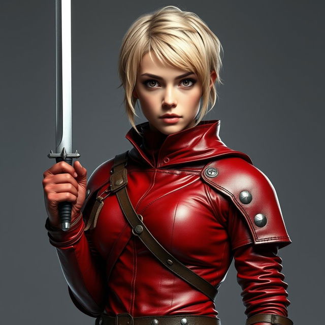 A full-body portrait of a standing medieval female human rogue with short blond hair and striking brown eyes