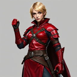 A full-body portrait of a standing medieval female human rogue with short blond hair and striking brown eyes