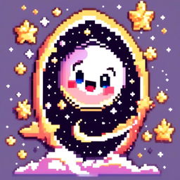 Pixel art profile picture featuring an adorable, smiling moon against a cosmic background filled with stars and galaxies, framed by a black border