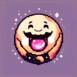 Pixel art profile picture featuring an adorable, smiling moon against a cosmic background filled with stars and galaxies, framed by a black border