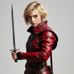 A full-body portrait of a standing medieval female human rogue with short blond hair and captivating brown eyes