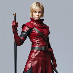 A full-body portrait of a standing medieval female human rogue with short blond hair and captivating brown eyes