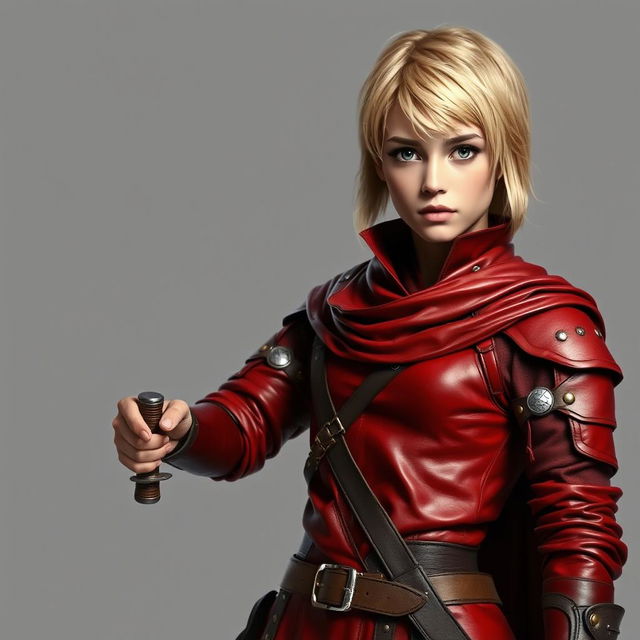 A full-body portrait of a standing medieval female human rogue with short blond hair and captivating brown eyes