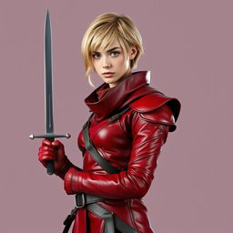 A full-body portrait of a standing medieval female human rogue with short blond hair and captivating brown eyes