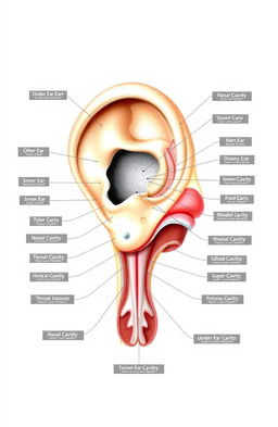 A detailed illustration of the anatomy of the human ear, nose, and throat, showcasing the intricate structures such as the outer ear, middle ear, inner ear, nasal cavity, and the throat with labels for each part