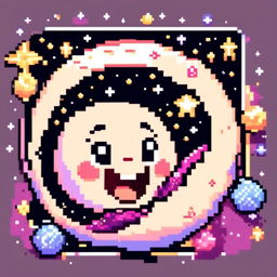 Pixel art profile picture featuring an adorable, smiling moon against a cosmic background filled with stars and galaxies, framed by a black border