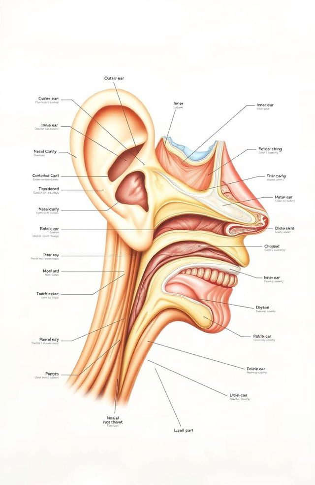 A detailed illustration of the anatomy of the human ear, nose, and throat, showcasing the intricate structures such as the outer ear, middle ear, inner ear, nasal cavity, and the throat with labels for each part