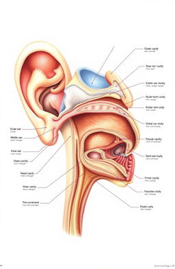 A detailed illustration of the anatomy of the human ear, nose, and throat, showcasing the intricate structures such as the outer ear, middle ear, inner ear, nasal cavity, and the throat with labels for each part