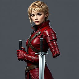 A full-body portrait of a standing medieval female human rogue with short blond hair and expressive brown eyes