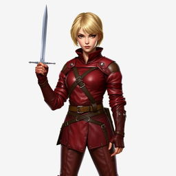 A full-body portrait of a standing medieval female human rogue with short blond hair and expressive brown eyes