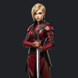 A full-body portrait of a standing medieval female human rogue with short blond hair and expressive brown eyes