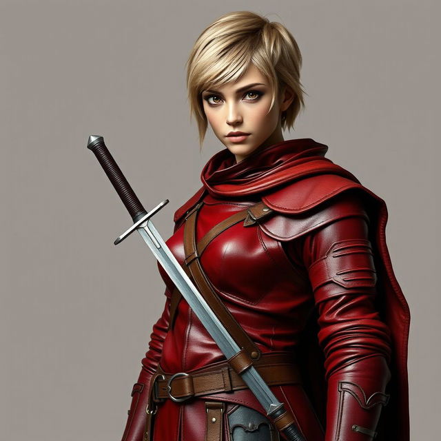 A full-body portrait of a standing medieval female human rogue with short blond hair and expressive brown eyes