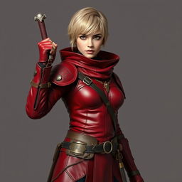 A standing full-body portrait of a medieval female human rogue with short blond hair and warm brown eyes