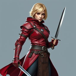 A standing full-body portrait of a medieval female human rogue with short blond hair and warm brown eyes