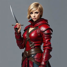 A standing full-body portrait of a medieval female human rogue with short blond hair and warm brown eyes