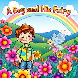 A whimsical coloring book cover featuring a cheerful young boy with short brown hair, wearing a colorful shirt and denim shorts