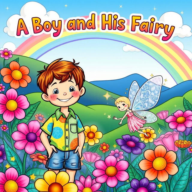 A whimsical coloring book cover featuring a cheerful young boy with short brown hair, wearing a colorful shirt and denim shorts