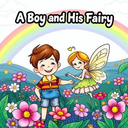 A whimsical coloring book cover featuring a cheerful young boy with short brown hair, wearing a colorful shirt and denim shorts