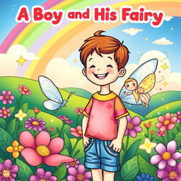 A whimsical coloring book cover featuring a cheerful young boy with short brown hair, wearing a colorful shirt and denim shorts