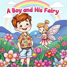 A whimsical coloring book cover featuring a cheerful young boy with short brown hair, wearing a colorful shirt and denim shorts