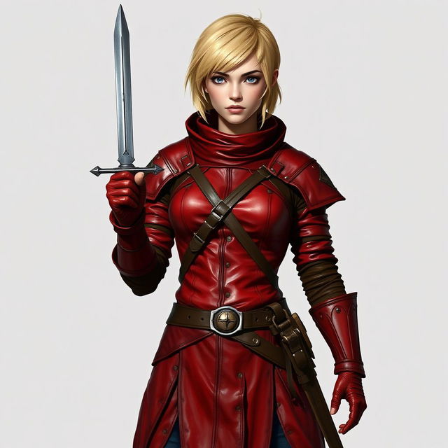 A standing female medieval rogue with short blonde hair, wearing striking red leather armor